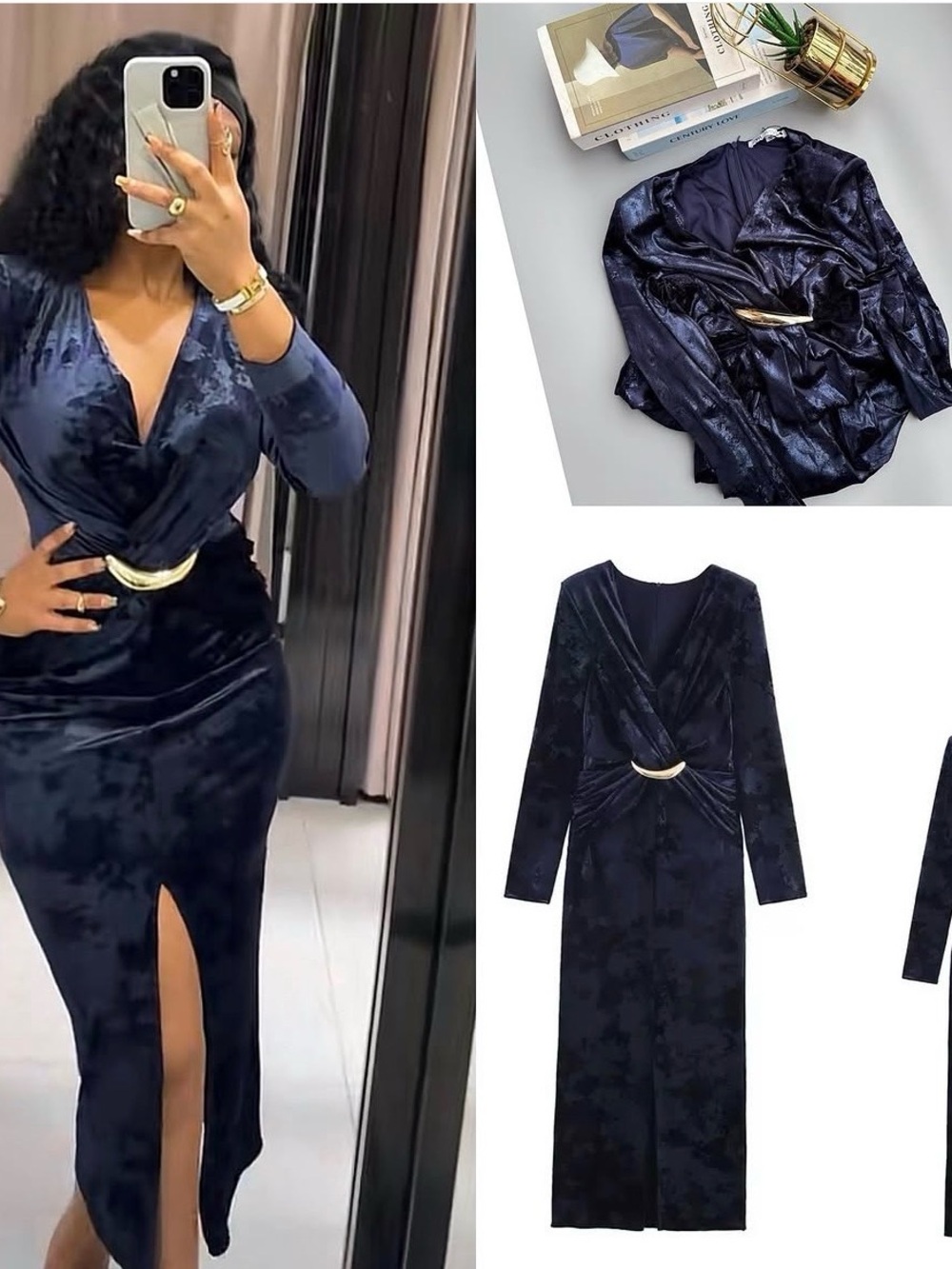 Zara Deep Blue Velvet Wrap Dress with Gold Buckle